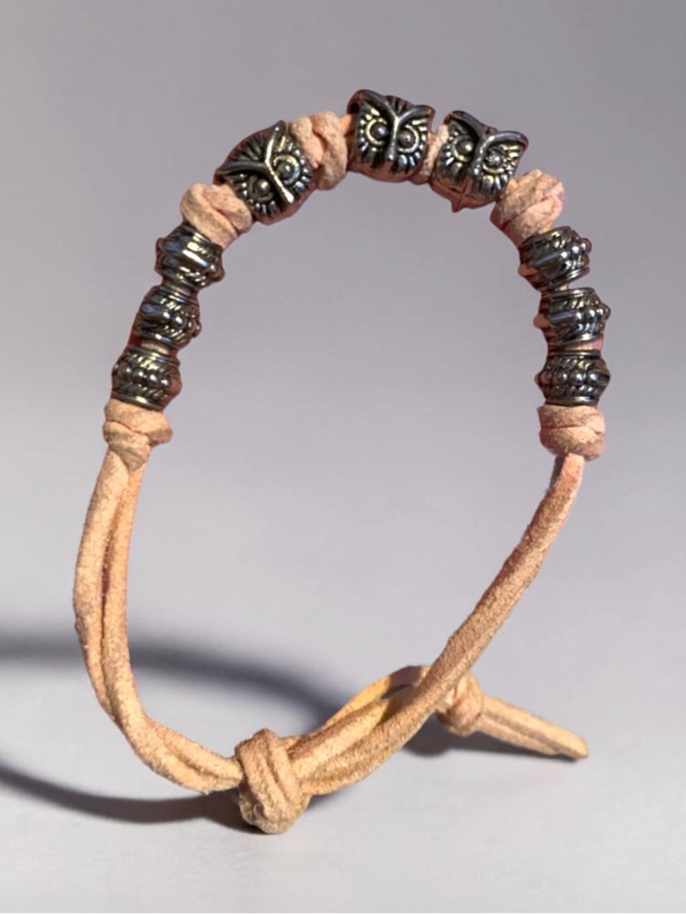 Boho Owl Beaded Suede Tie Bracelet - Pale Pink